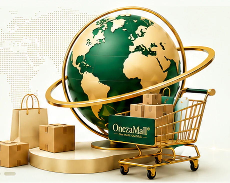 Global shopping globe, packages and delivery cart